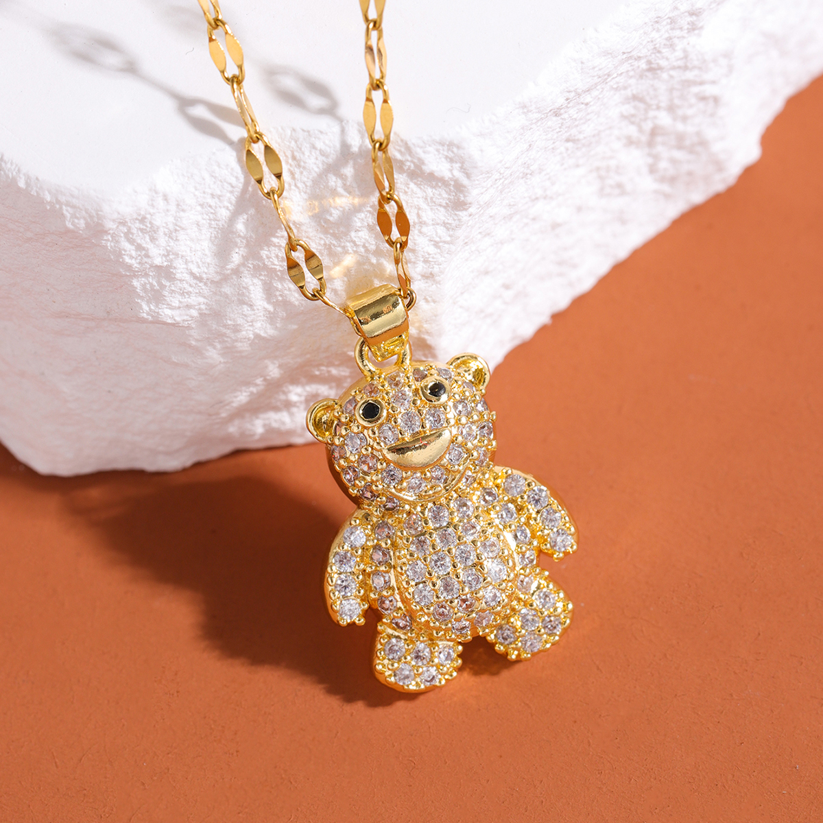 304 Stainless Steel 18K Gold Plated Cute Shiny Plating Inlay Little Bear Zircon Pendant Necklace display picture 14
