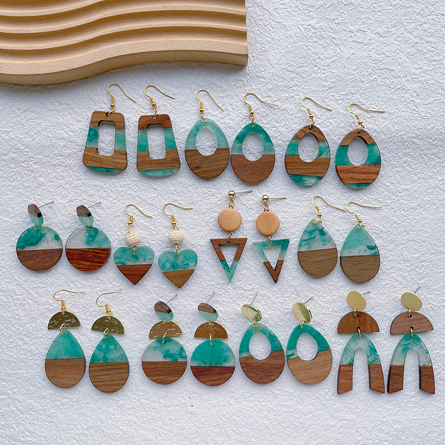 1 Pair Streetwear Simple Style Geometric Hollow Out Alloy Resin Wood Drop Earrings display picture 1