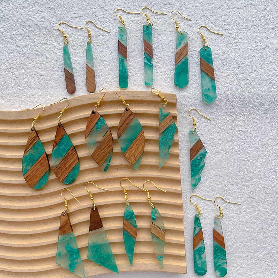 1 Pair Streetwear Simple Style Geometric Hollow Out Alloy Resin Wood Drop Earrings display picture 2