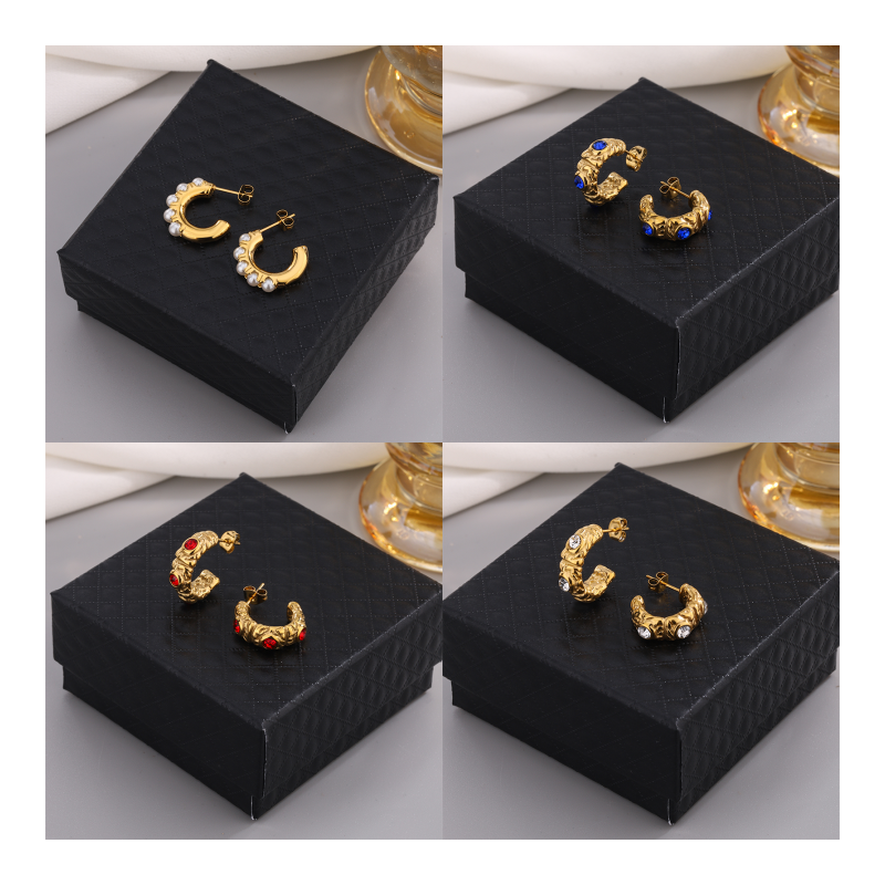 1 Pair Vintage Style C Shape Multicolor Sparkly Plating Inlay 304 Stainless Steel Artificial Gemstones Artificial Pearls 18K Gold Plated Ear Studs display picture 1