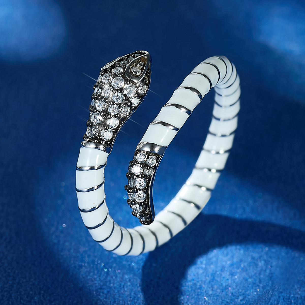 Sterling Silver White Gold Plated Rock Novelty Punk Enamel Inlay Snake Zircon Rings display picture 4