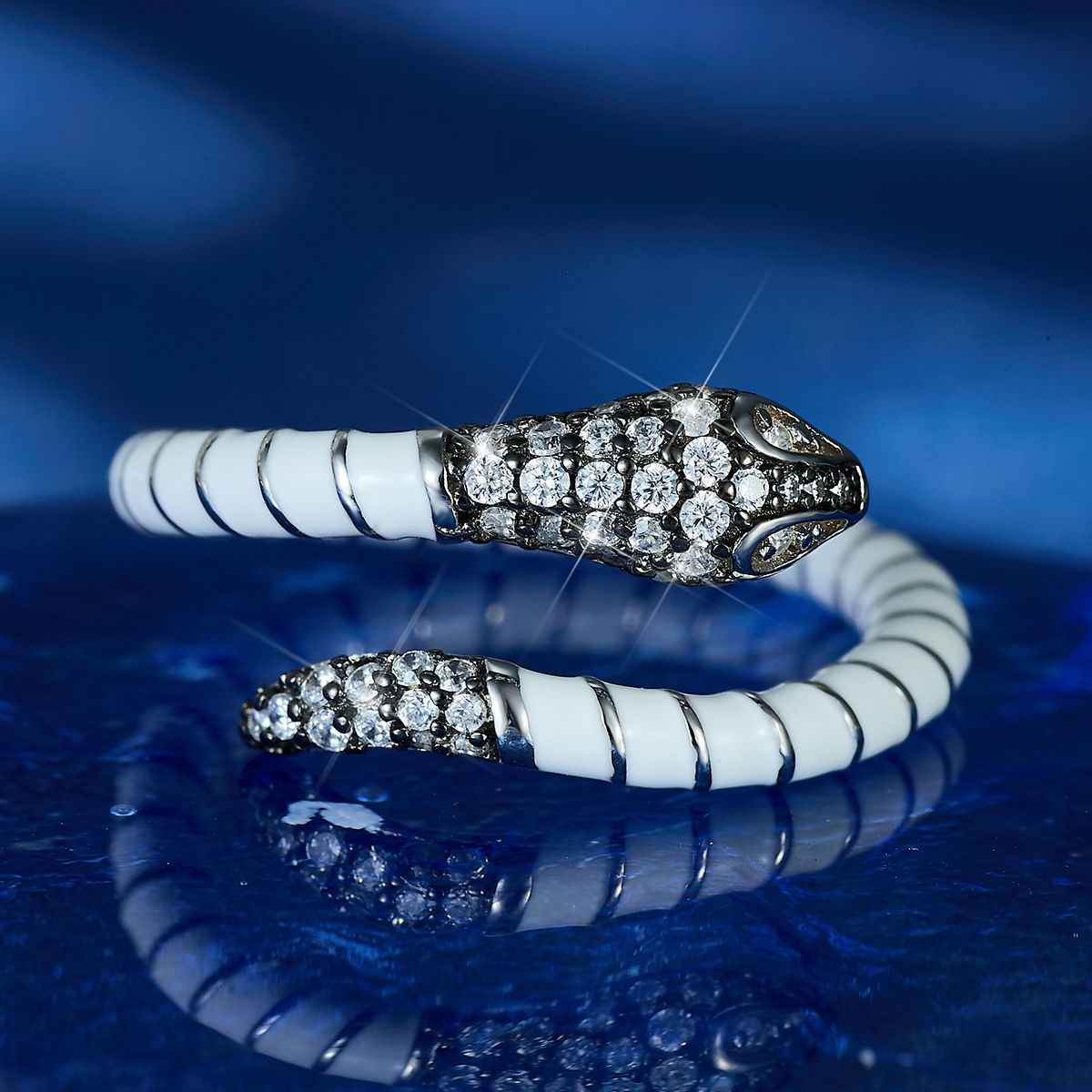 Sterling Silver White Gold Plated Rock Novelty Punk Enamel Inlay Snake Zircon Rings display picture 5