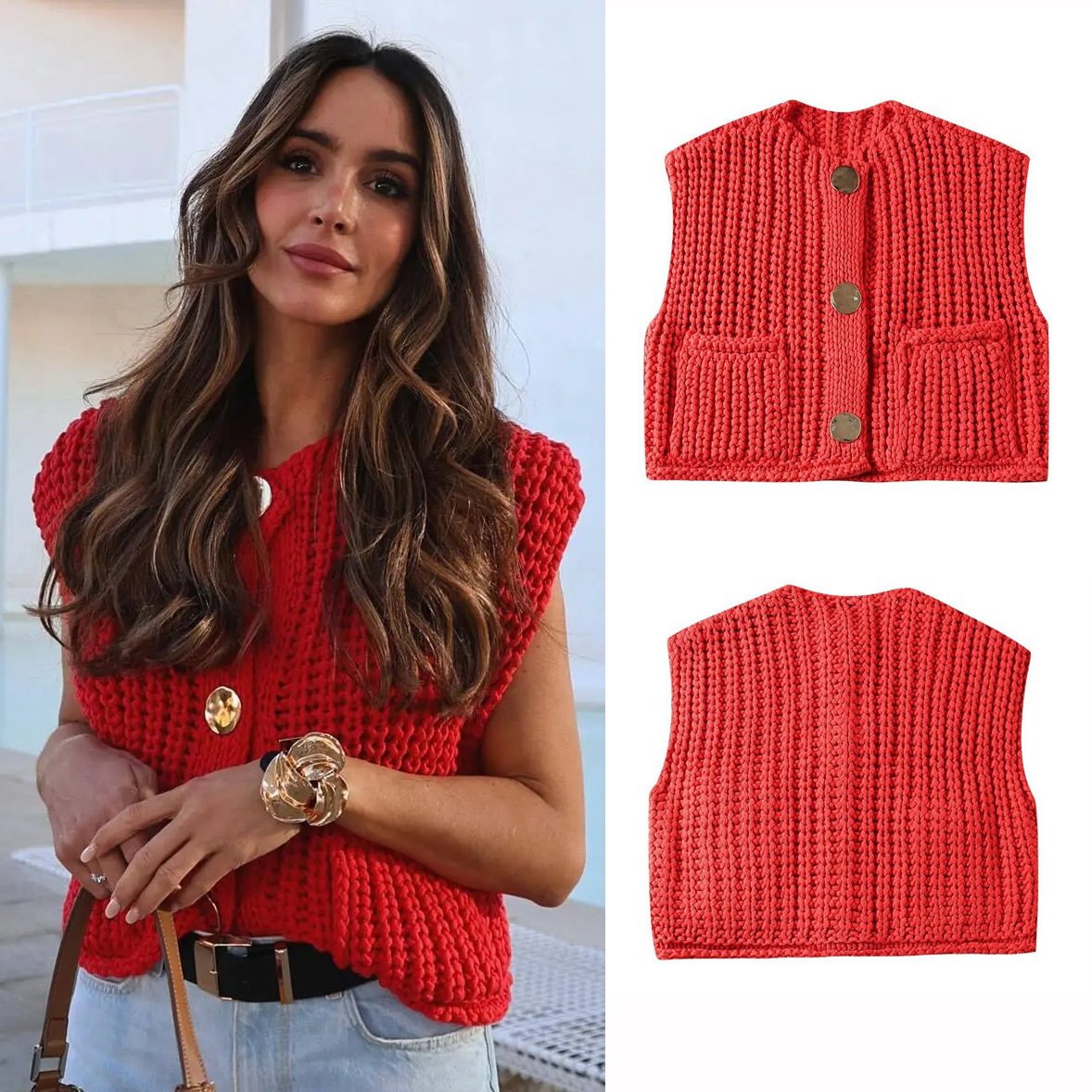 Women's Sleeveless Sweaters & Cardigans Pocket Rib-Knit Streetwear Solid Color display picture 1