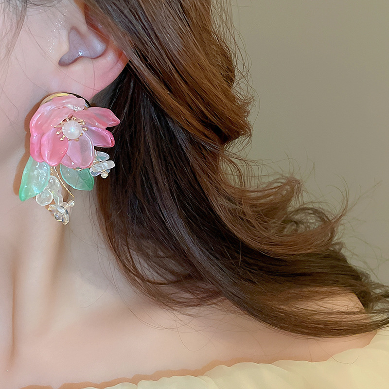 1 Pair Casual Elegant Flower Flowers Glass Ear Studs display picture 3