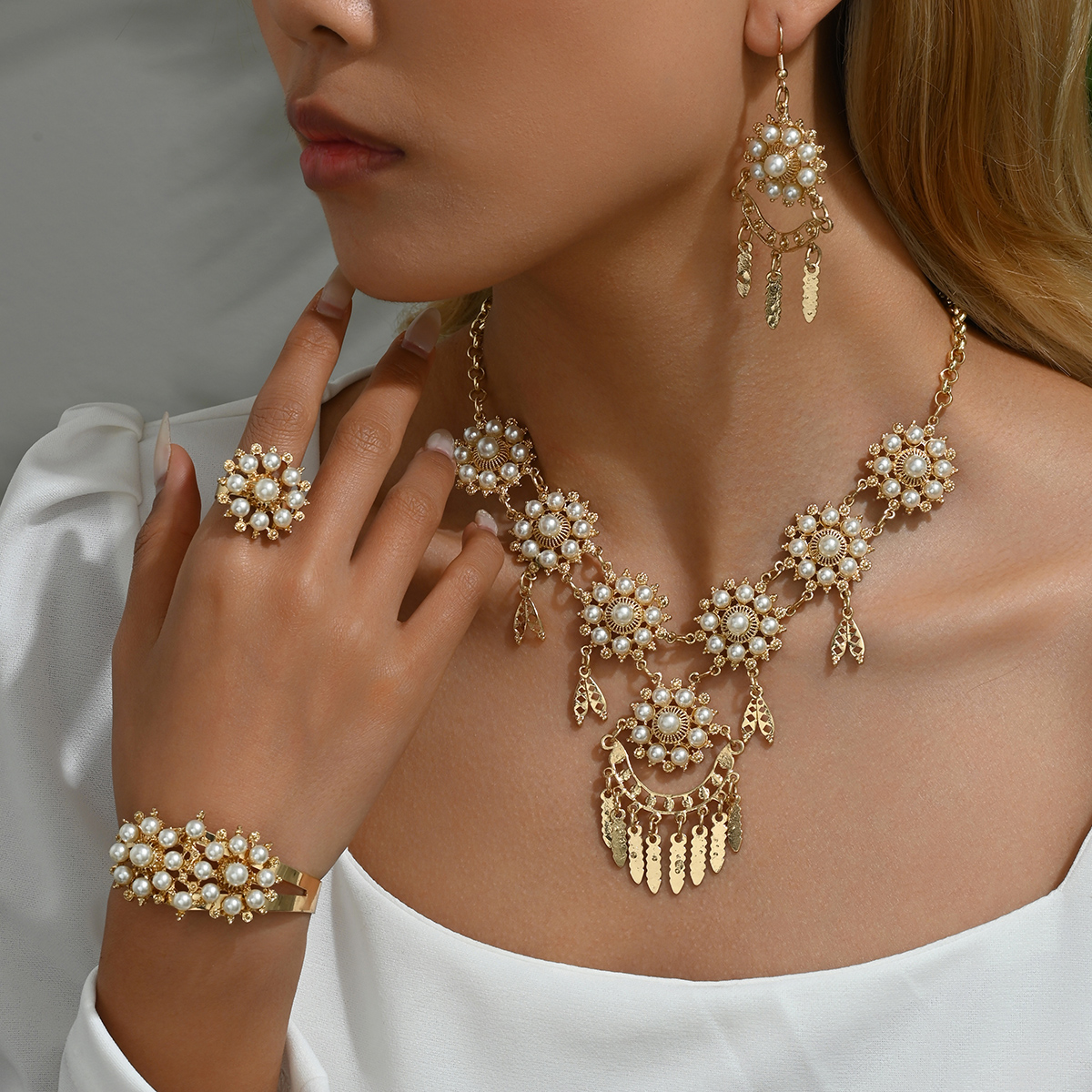 Estilo Simple Estilo Clásico Color Sólido Aleación Embutido Perlas Artificiales Chapados en oro de 18k Mujeres Conjunto De Joyas display picture 1