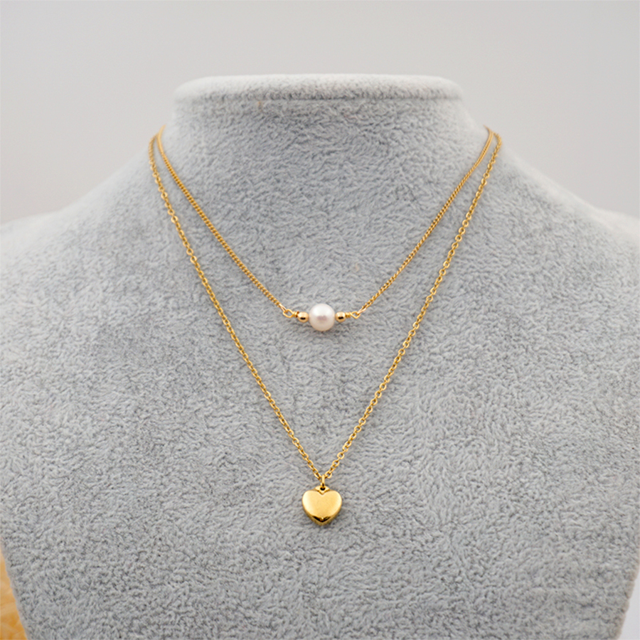 304 Stainless Steel Titanium Steel Gold Plated Simple Style Inlay Heart Shape Artificial Pearls Double Layer Necklaces Sweater Chain display picture 3
