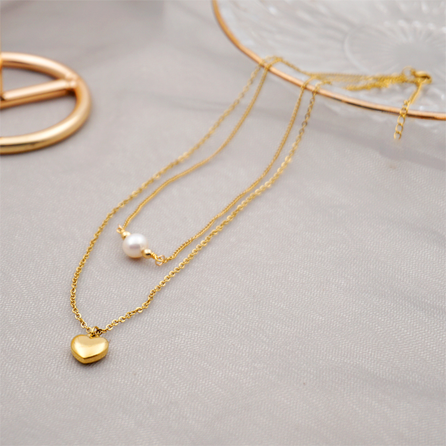 Edelstahl 304 Titan Stahl Vergoldet Einfacher Stil Inlay Herzform Künstliche Perlen Doppellagige Halsketten Pulloverkette display picture 1