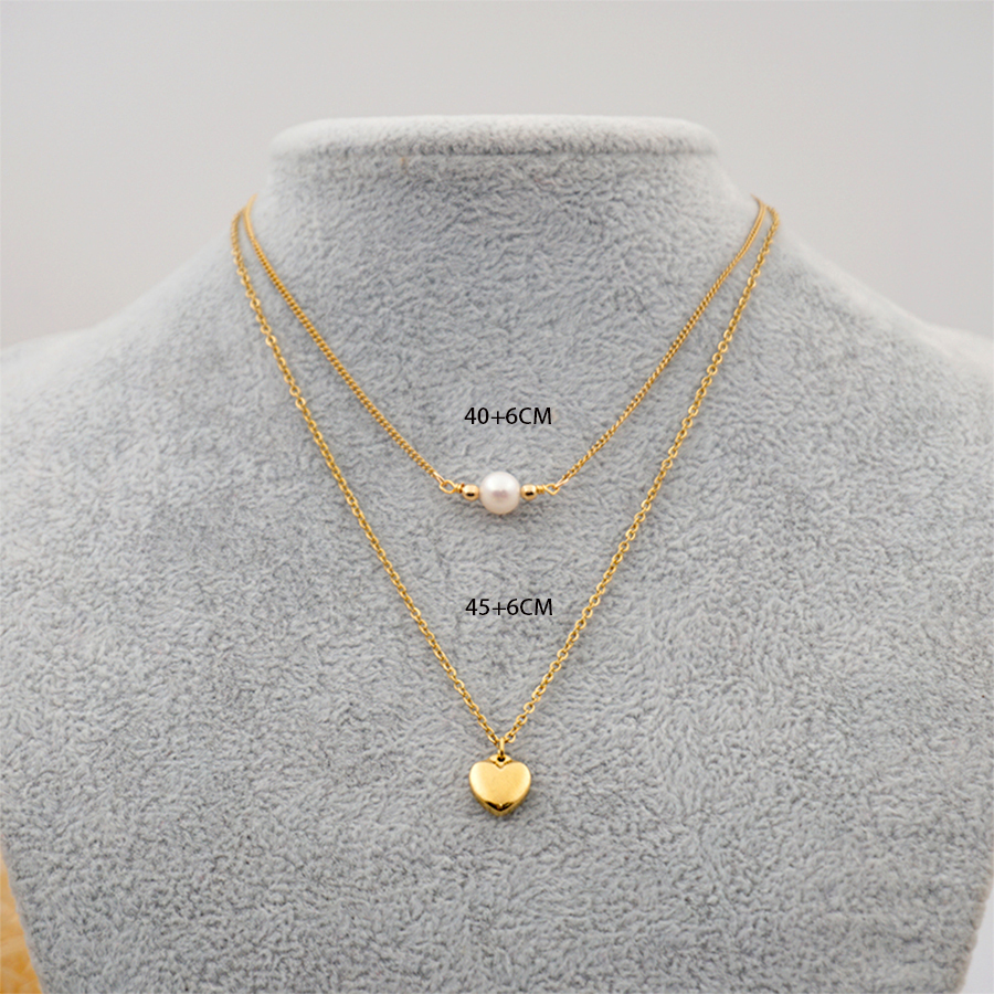 304 Stainless Steel Titanium Steel Gold Plated Simple Style Inlay Heart Shape Artificial Pearls Double Layer Necklaces Sweater Chain display picture 4