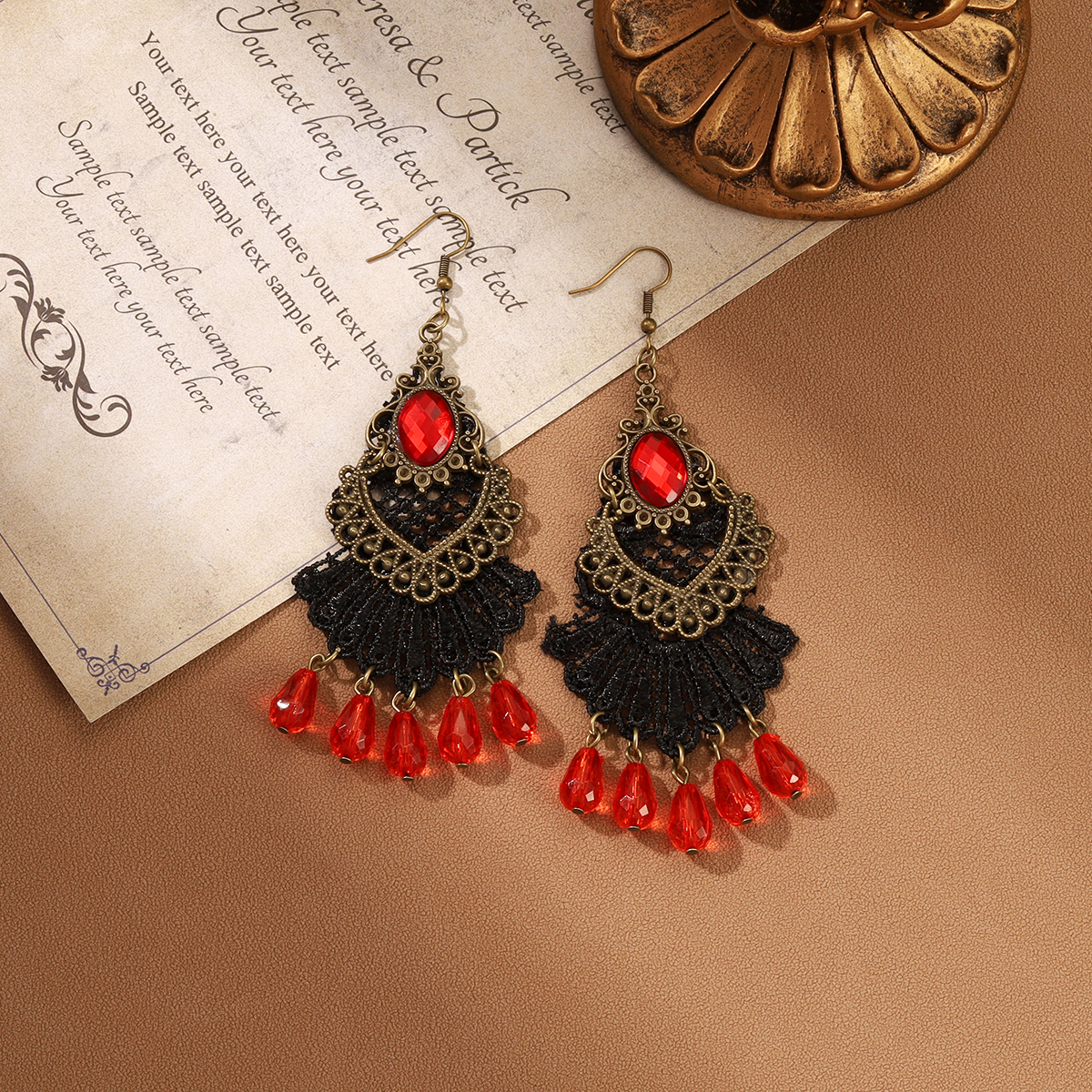1 Pair IG Style Retro Geometric Tassel Hollow Out Inlay Alloy Lace Glass Drop Earrings display picture 5