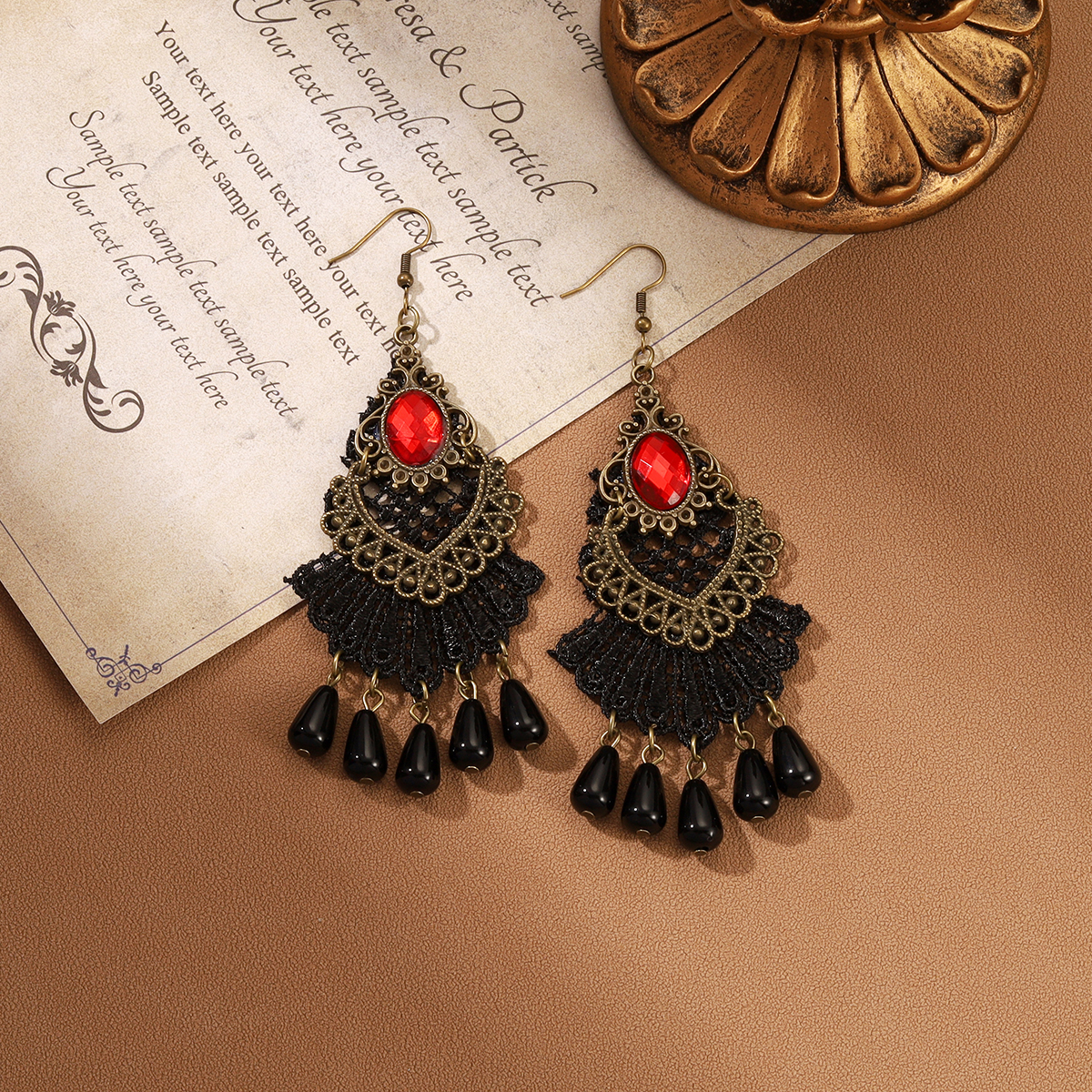 1 Pair IG Style Retro Geometric Tassel Hollow Out Inlay Alloy Lace Glass Drop Earrings display picture 6