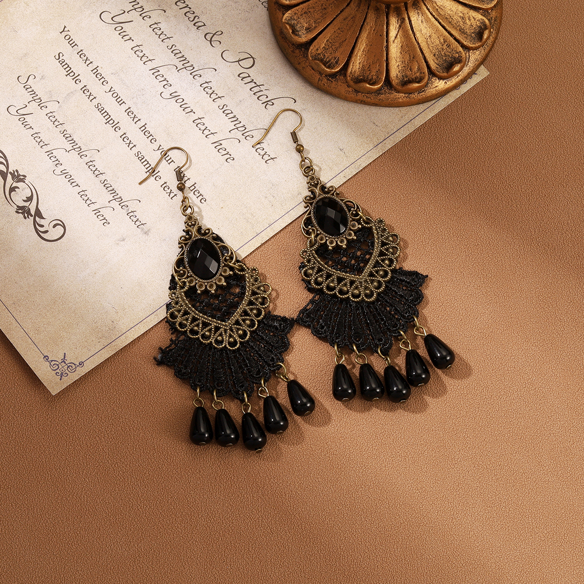 1 Pair IG Style Retro Geometric Tassel Hollow Out Inlay Alloy Lace Glass Drop Earrings display picture 7