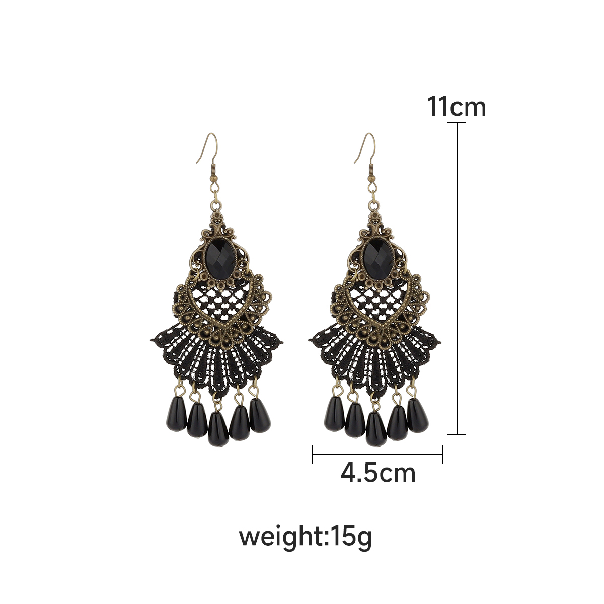 1 Pair IG Style Retro Geometric Tassel Hollow Out Inlay Alloy Lace Glass Drop Earrings display picture 1