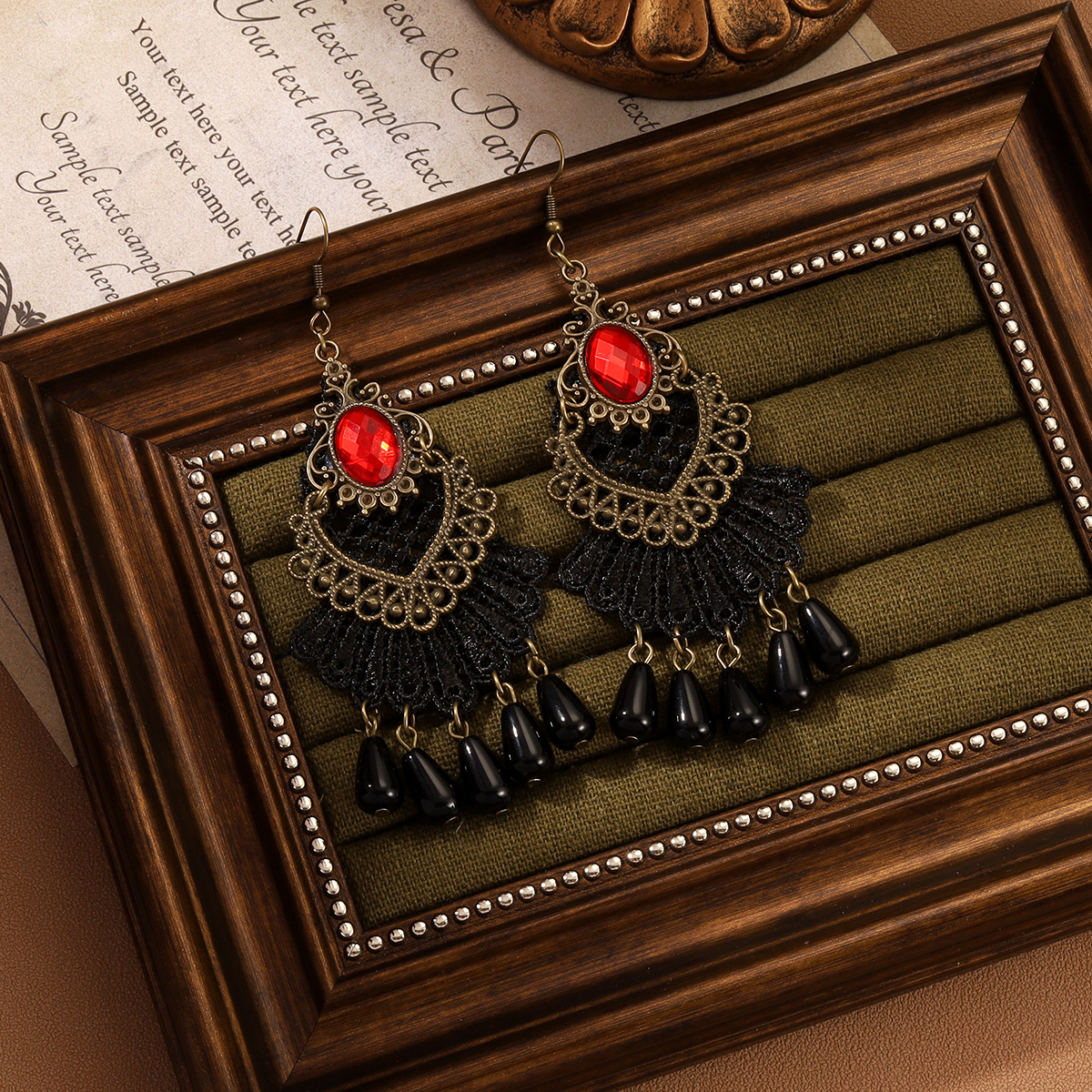 1 Pair IG Style Retro Geometric Tassel Hollow Out Inlay Alloy Lace Glass Drop Earrings display picture 3