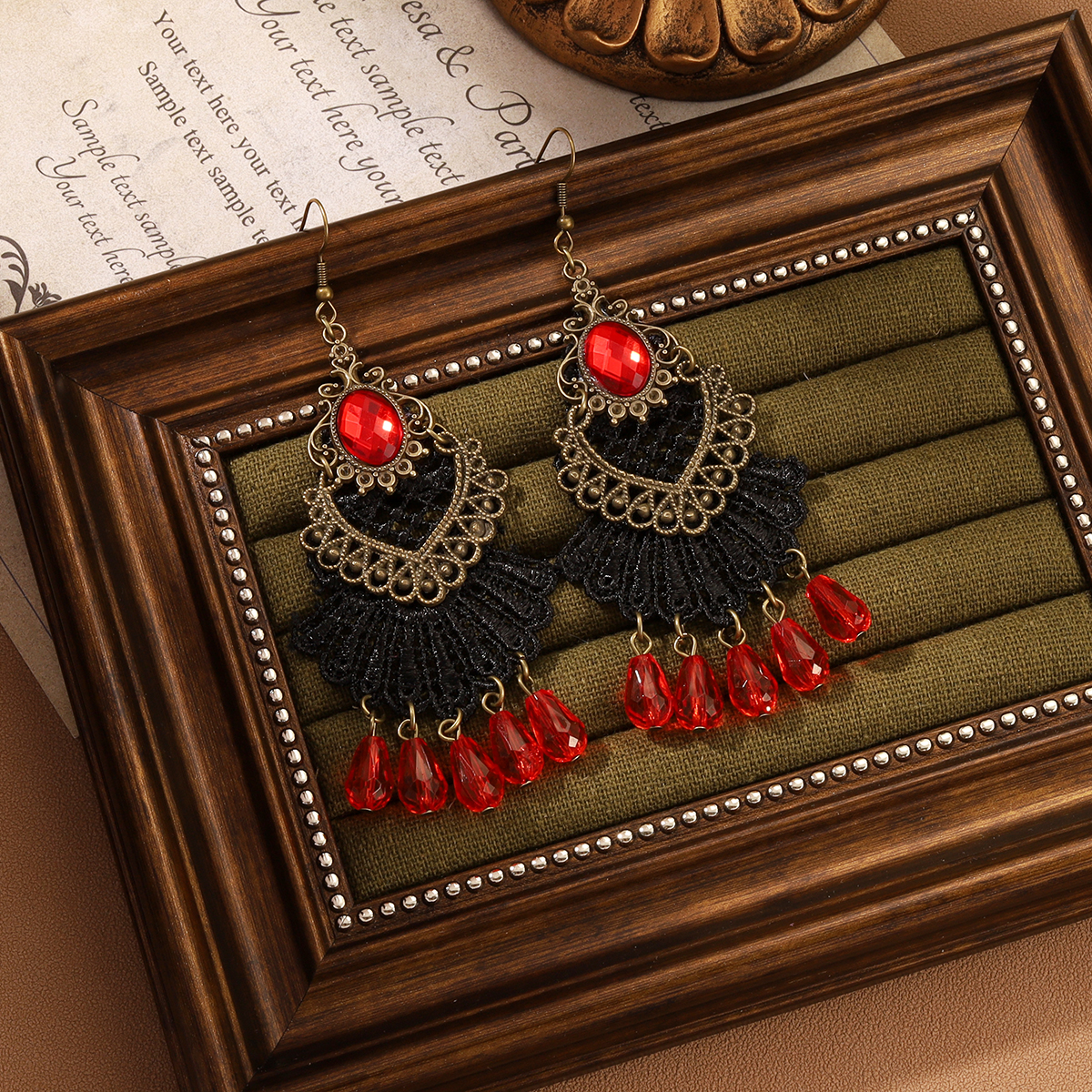 1 Pair IG Style Retro Geometric Tassel Hollow Out Inlay Alloy Lace Glass Drop Earrings display picture 2