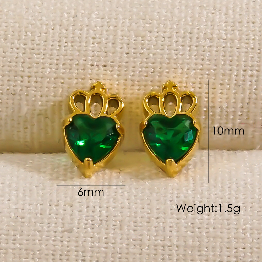1 Pair Cute Sweet Simple Style Heart Shape Crown Hollow Out Inlay 304 Stainless Steel Zircon 14K Gold Plated Ear Studs display picture 2