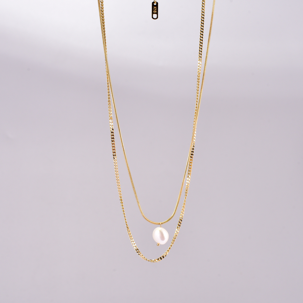 Acero Titanio Chapados en oro de 18k Elegante Estilo Simple Geométrico Embutido Perlas De Agua Dulce Collares De Doble Capa display picture 1
