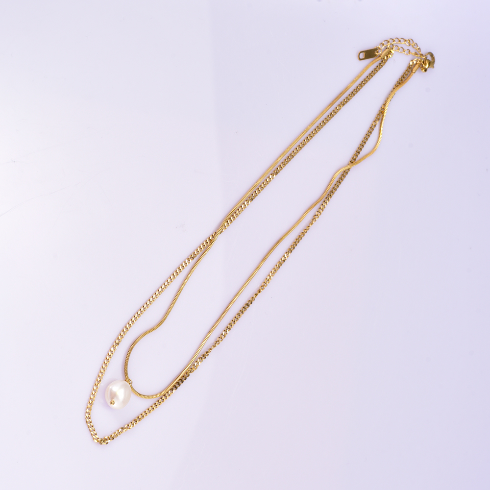 Acero Titanio Chapados en oro de 18k Elegante Estilo Simple Geométrico Embutido Perlas De Agua Dulce Collares De Doble Capa display picture 2