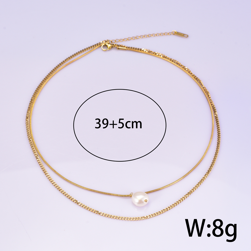 Titanium Steel 18K Gold Plated Elegant Simple Style Geometric Inlay Freshwater Pearl Double Layer Necklaces display picture 7