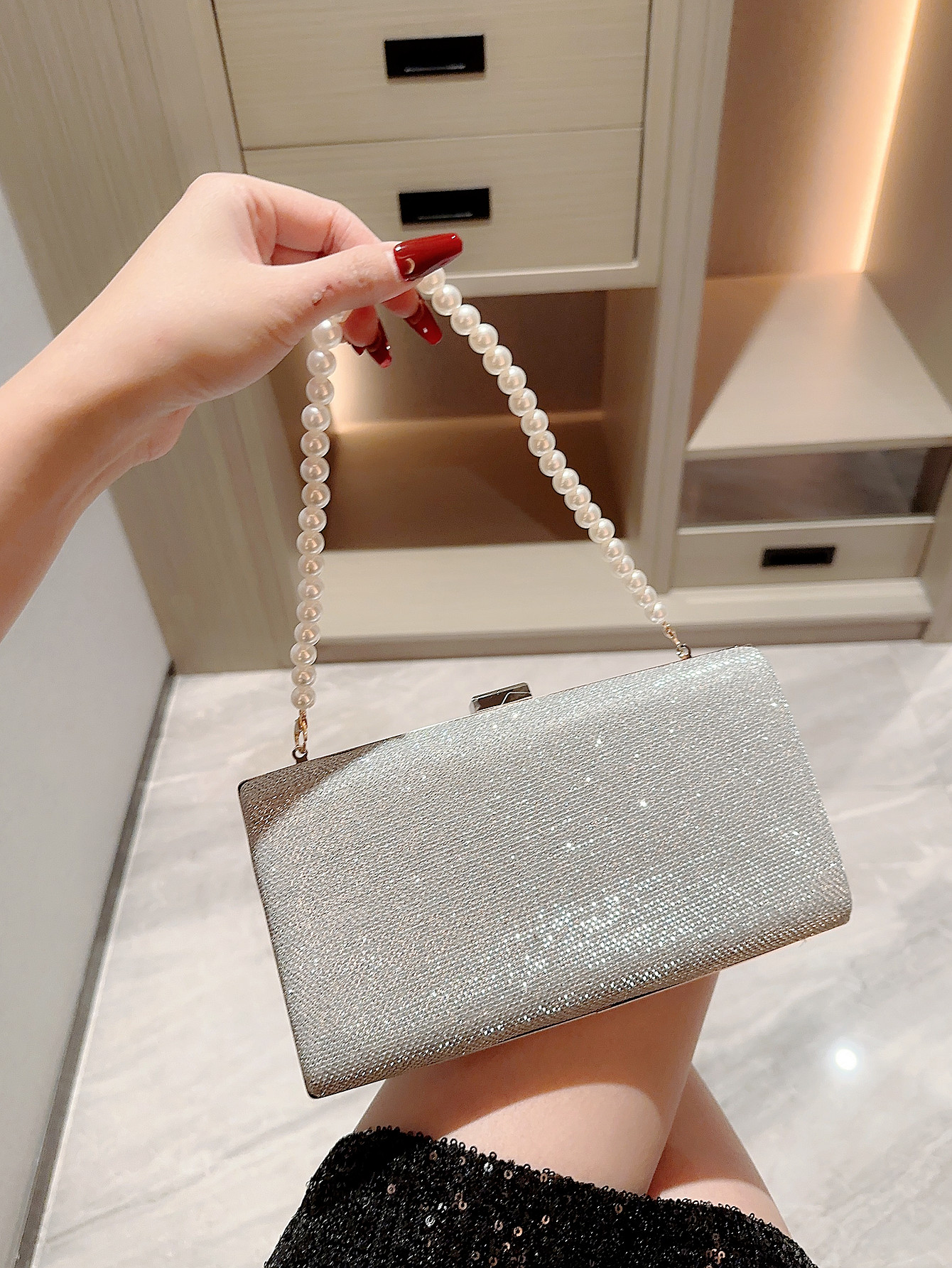 Silver Polyester Geometric Beading Evening Bags display picture 2