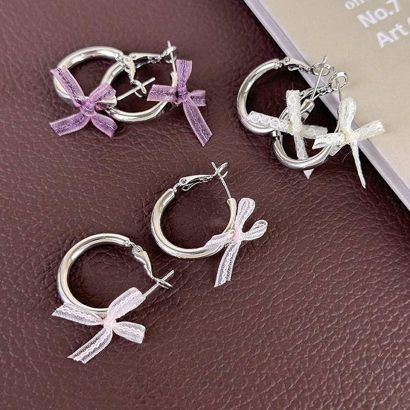 1 Pair Japanese Style Sweet Artistic Bow Knot Copper White Gold Plated Earrings display picture 9