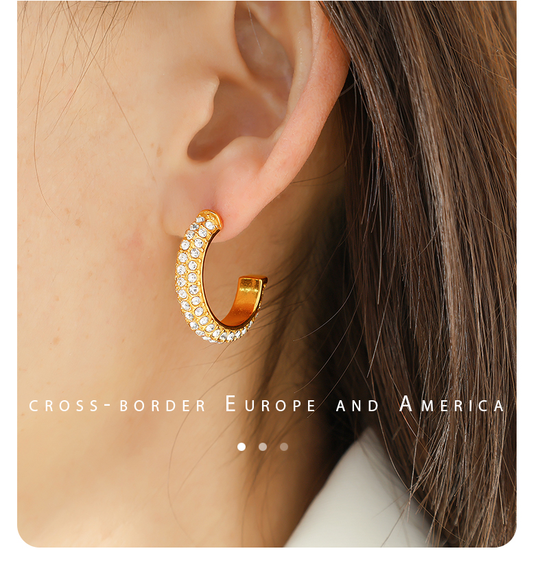 1 Pair Vintage Style C Shape Circle Inlay Titanium Steel Zircon 18K Gold Plated Earrings Ear Studs display picture 8