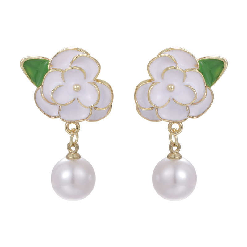 1 Pair Elegant Glam Luxurious Flower Enamel Inlay Copper Pearl Drop Earrings display picture 7