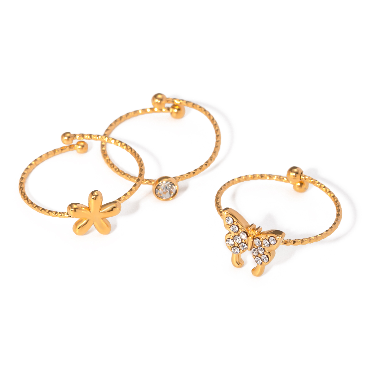 304 Stainless Steel 18K Gold Plated Simple Style Plating Inlay Flower Butterfly Rhinestones Rings display picture 1