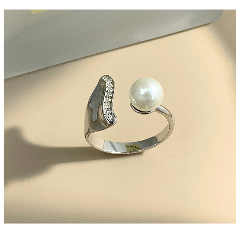 Sterling Silver White Gold Plated Elegant Glam Geometric Polishing Inlay Freshwater Pearl Zircon Open Rings display picture 3
