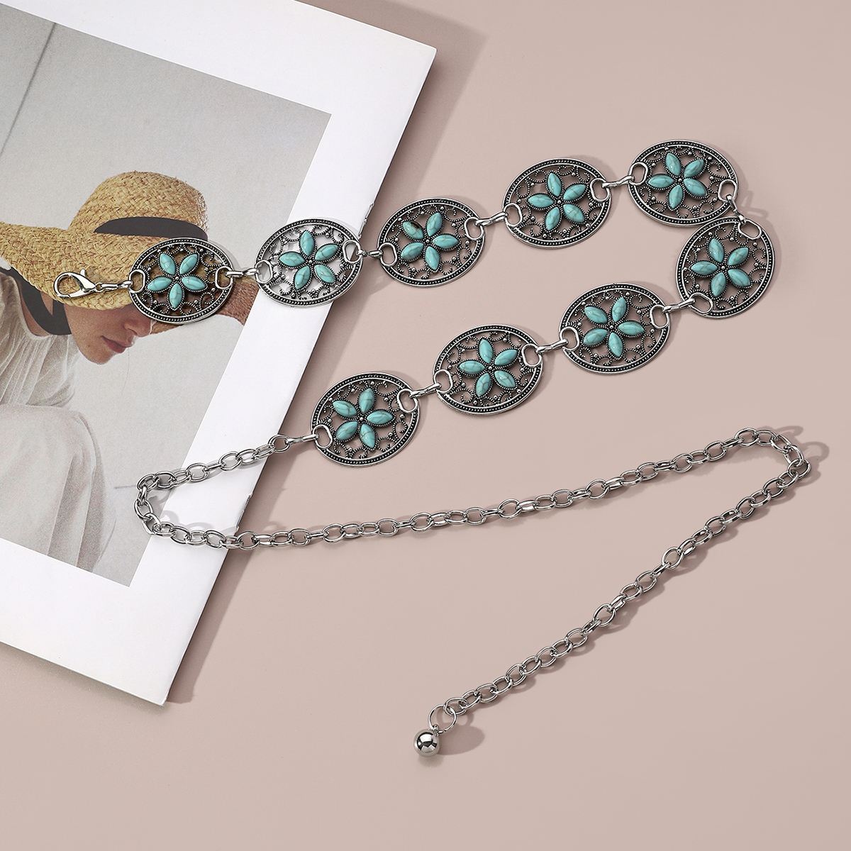 Vintage Style Ethnic Style Flower Alloy Turquoise Women's Chain Belts display picture 1