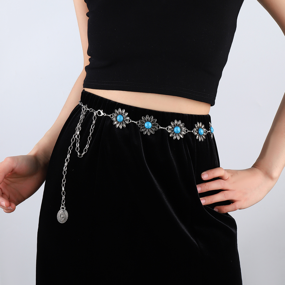Vintage Style Ethnic Style Chrysanthemum Alloy Turquoise Women's Chain Belts display picture 10
