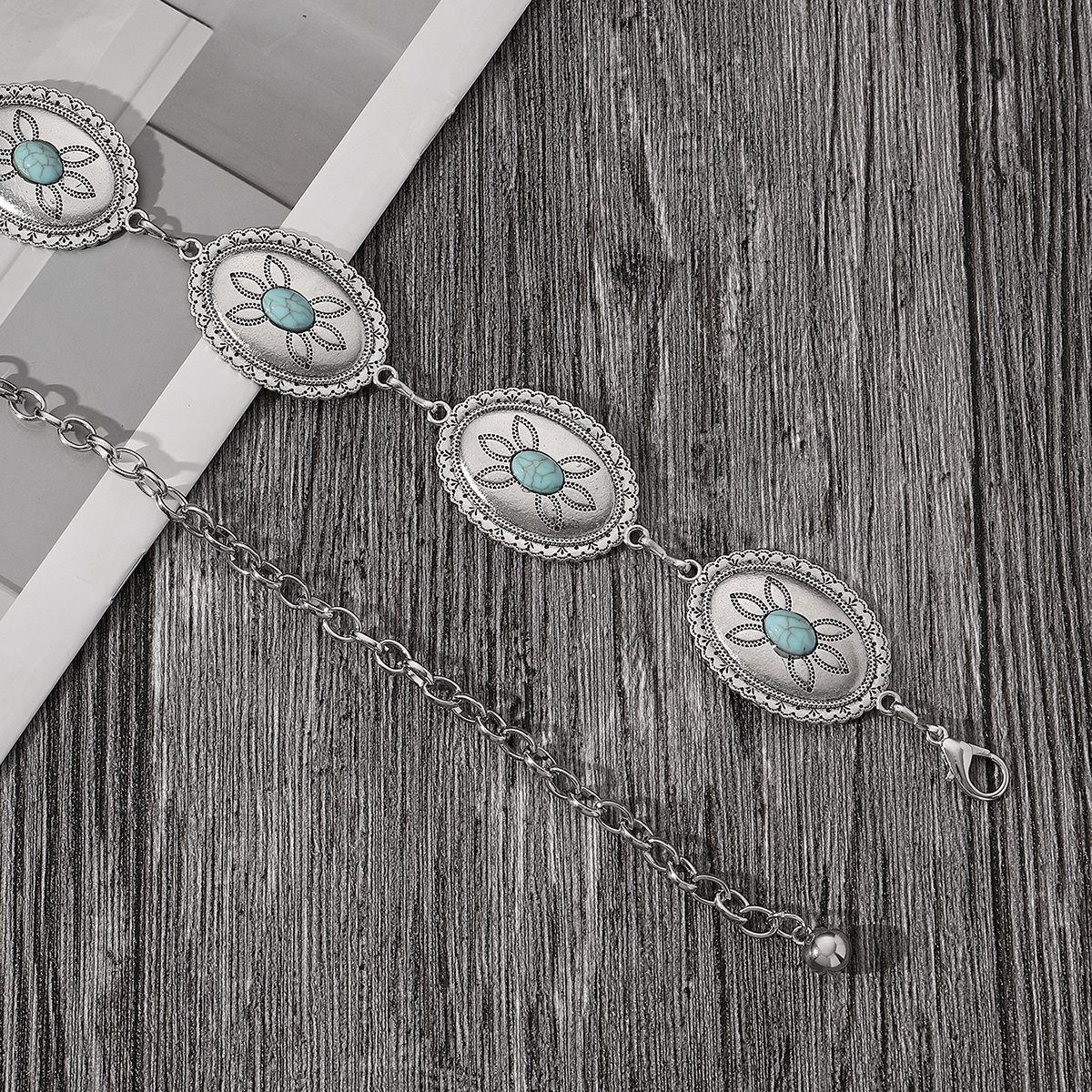 Vacation Ethnic Style Bohemian Star Oval Flower Zinc Alloy Inlay Turquoise Silver Plated Women's Waist Chain display picture 13
