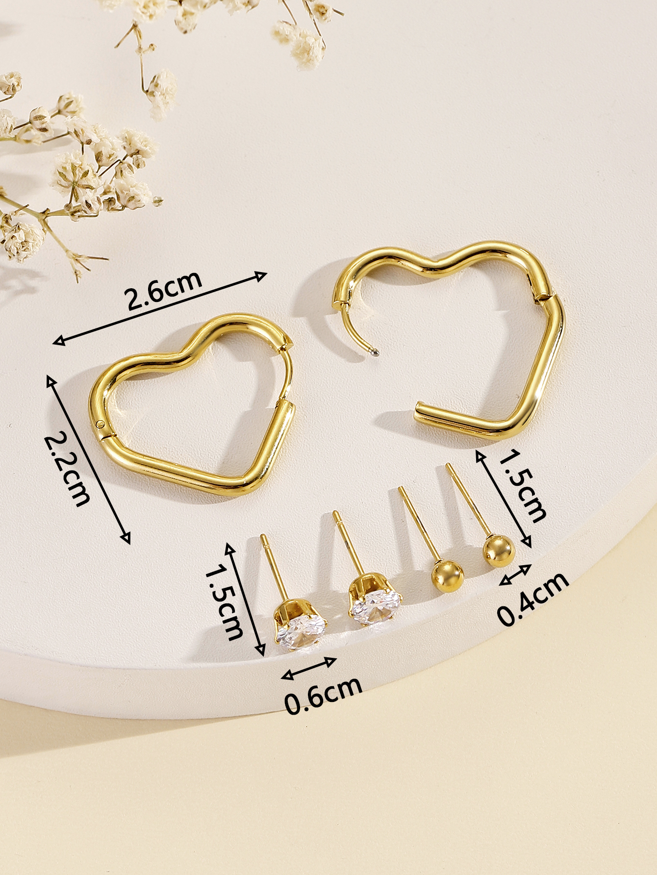 3 Pairs Simple Style Classic Style Heart Shape Plating Inlay 304 Stainless Steel Zircon 24K Gold Plated Ear Studs display picture 1