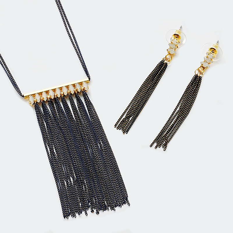 Copper Black Nickel Plating Elegant Glam Tassel Inlay Glass Stone Earrings Necklace display picture 3