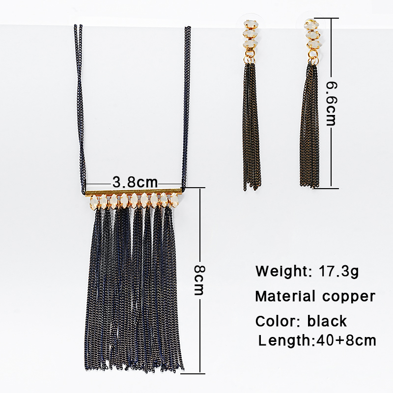 Copper Black Nickel Plating Elegant Glam Tassel Inlay Glass Stone Earrings Necklace display picture 5
