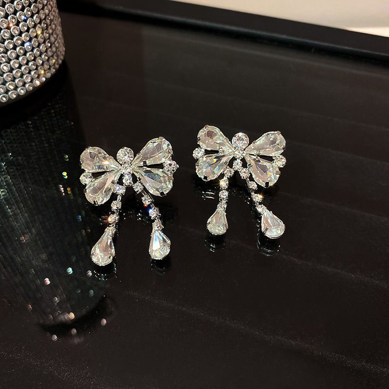 1 Pair Glam Luxurious Bow Knot Inlay Sterling Silver Artificial Crystal Drop Earrings display picture 3
