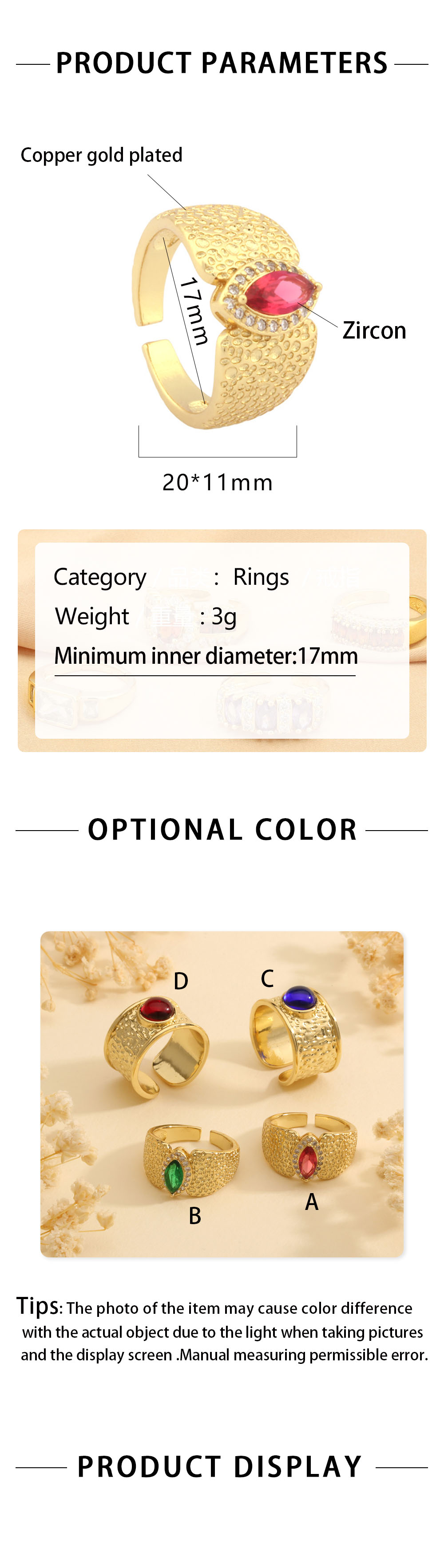 Wholesale Vintage Style Commute Round Eye Copper Plating Inlay 18K Gold Plated Zircon Open Rings display picture 1