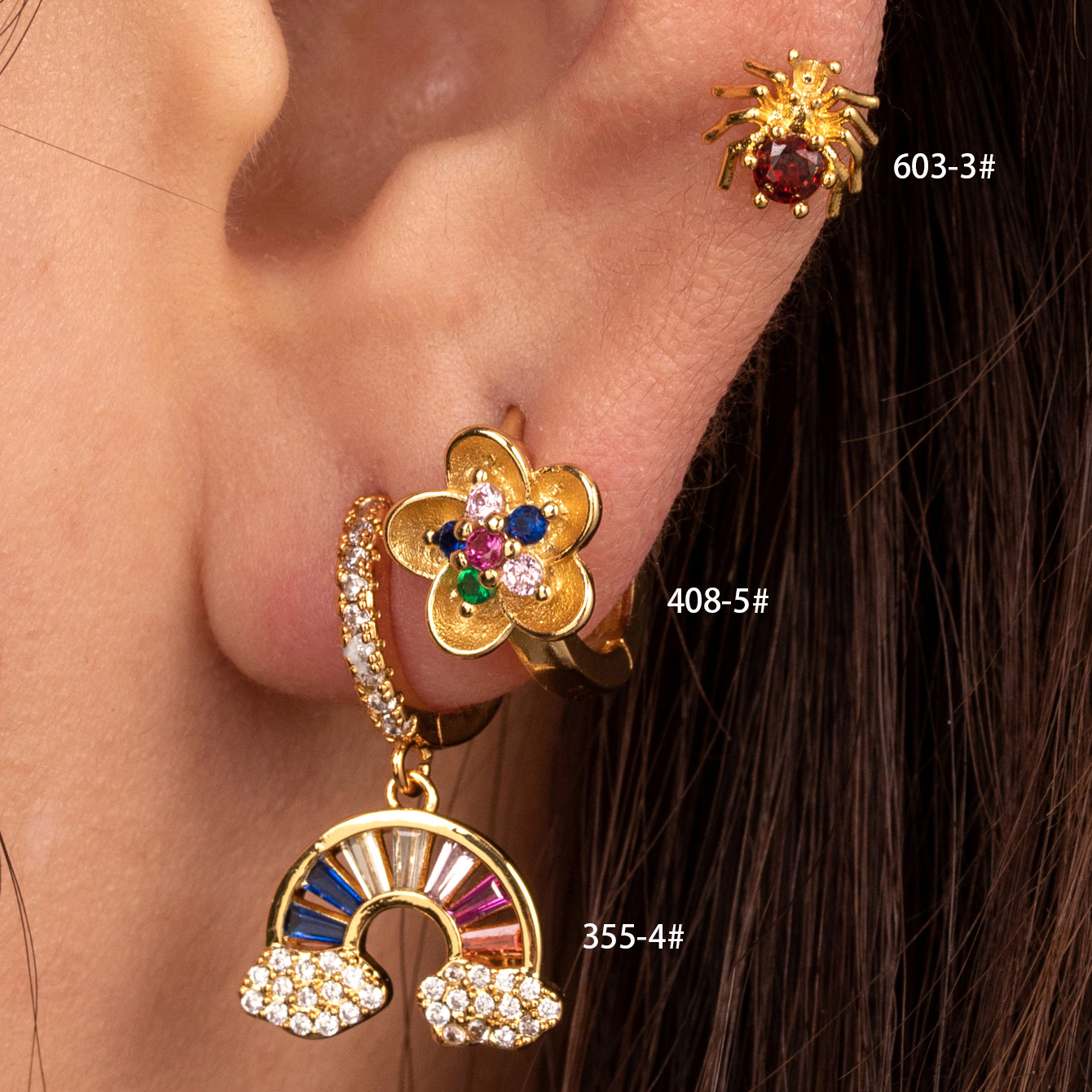 1 Piece French Style Rainbow Flower Spider Inlay Copper Zircon Hoop Earrings display picture 4