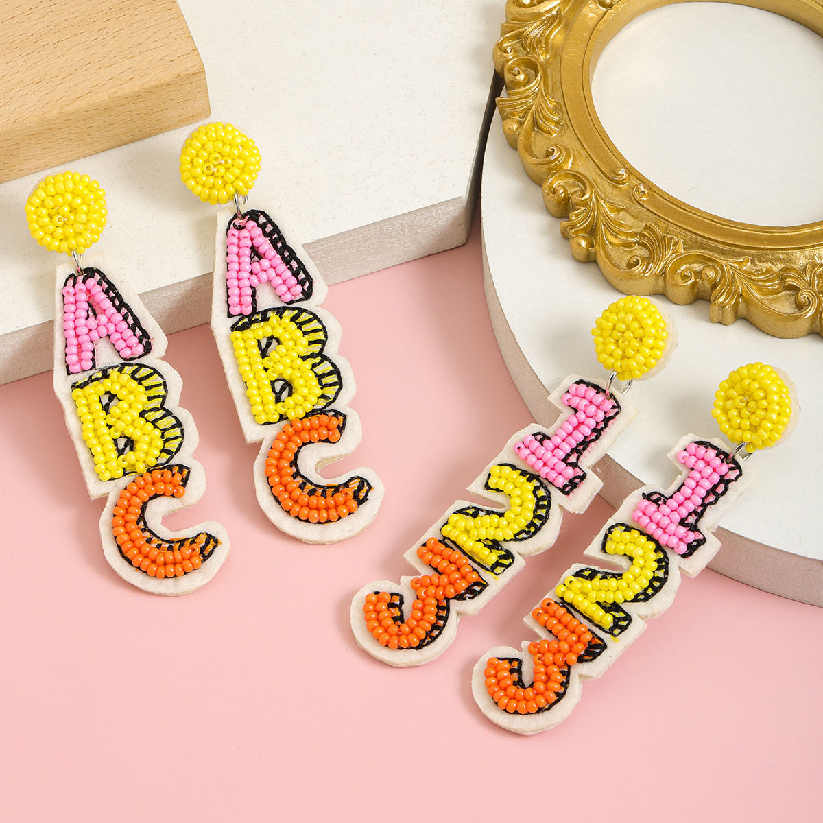 1 Pair Casual Cute Handmade Letter Plating Inlay Cloth Seed Bead Drop Earrings display picture 5