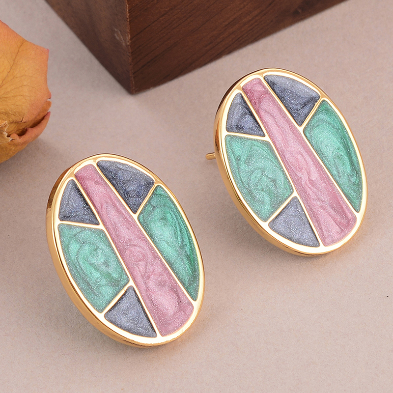 1 Pair Vintage Style Square Oval Stoving Varnish Plating Copper 18K Gold Plated Ear Studs display picture 2