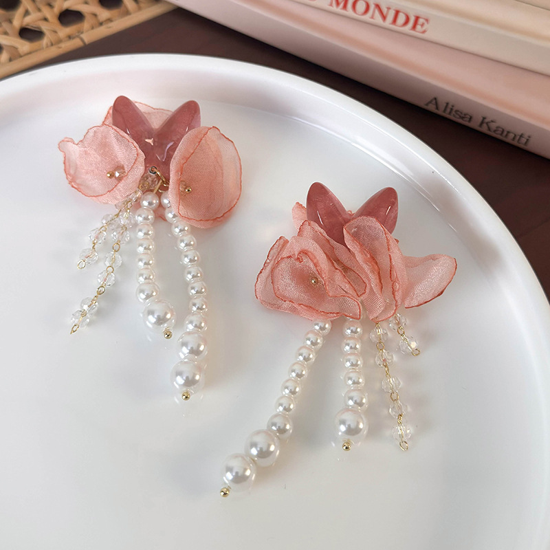 1 Pair Elegant Flower Imitation Pearl Cloth Resin Drop Earrings display picture 4