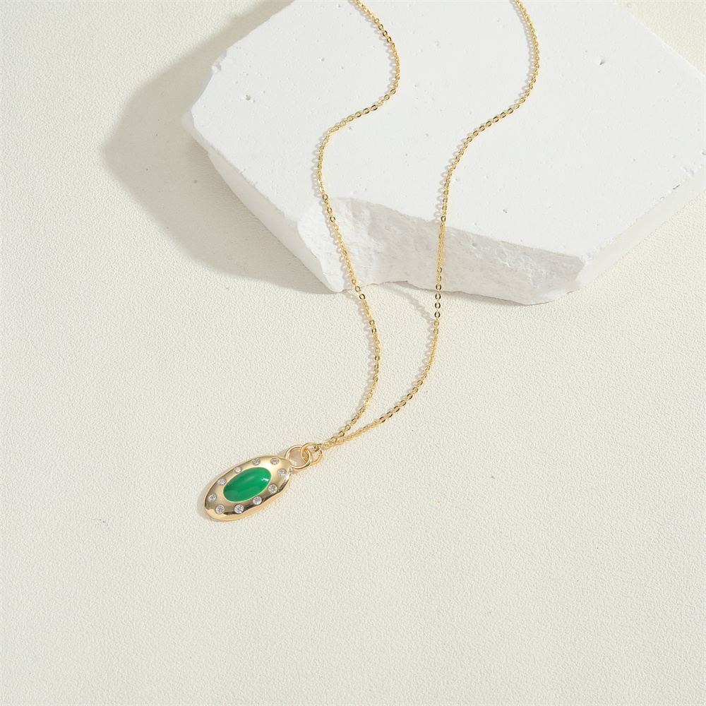 Copper 14K Gold Plated Vintage Style Simple Style Commute Enamel Inlay Oval Zircon Pendant Necklace display picture 2