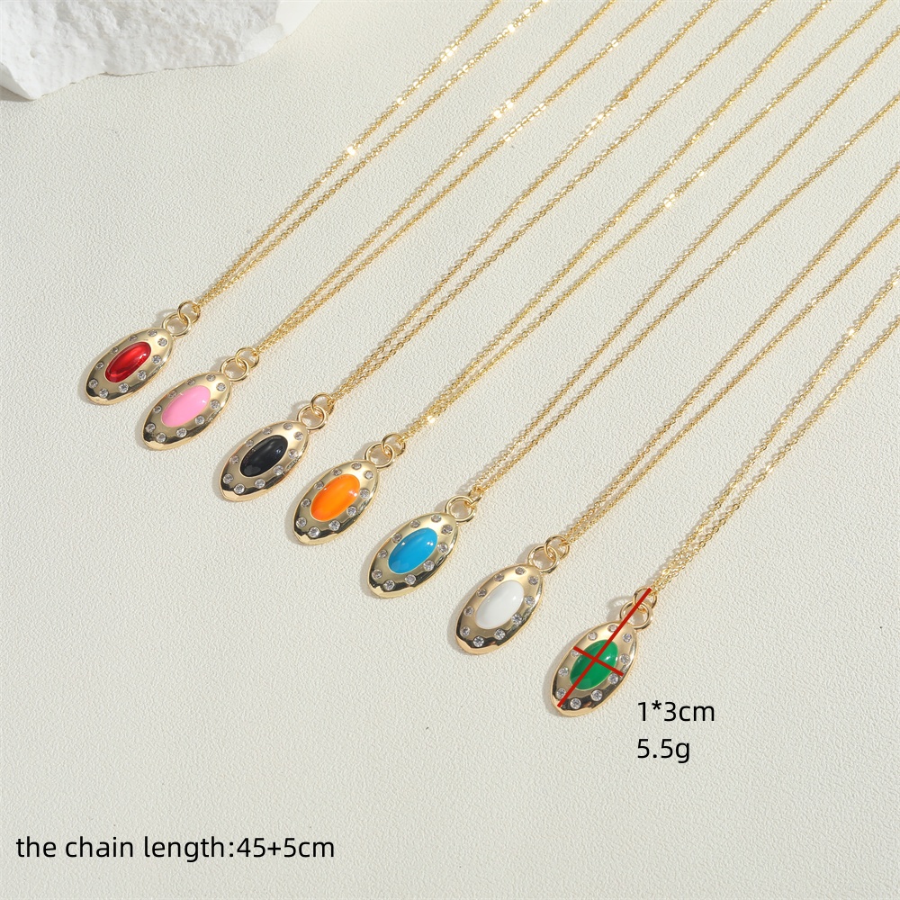 Copper 14K Gold Plated Vintage Style Simple Style Commute Enamel Inlay Oval Zircon Pendant Necklace display picture 6