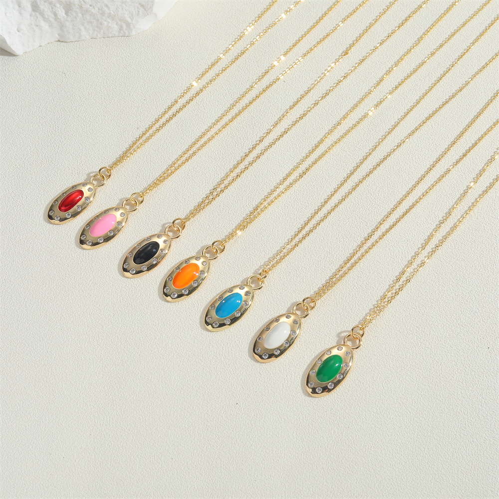 Copper 14K Gold Plated Vintage Style Simple Style Commute Enamel Inlay Oval Zircon Pendant Necklace display picture 1