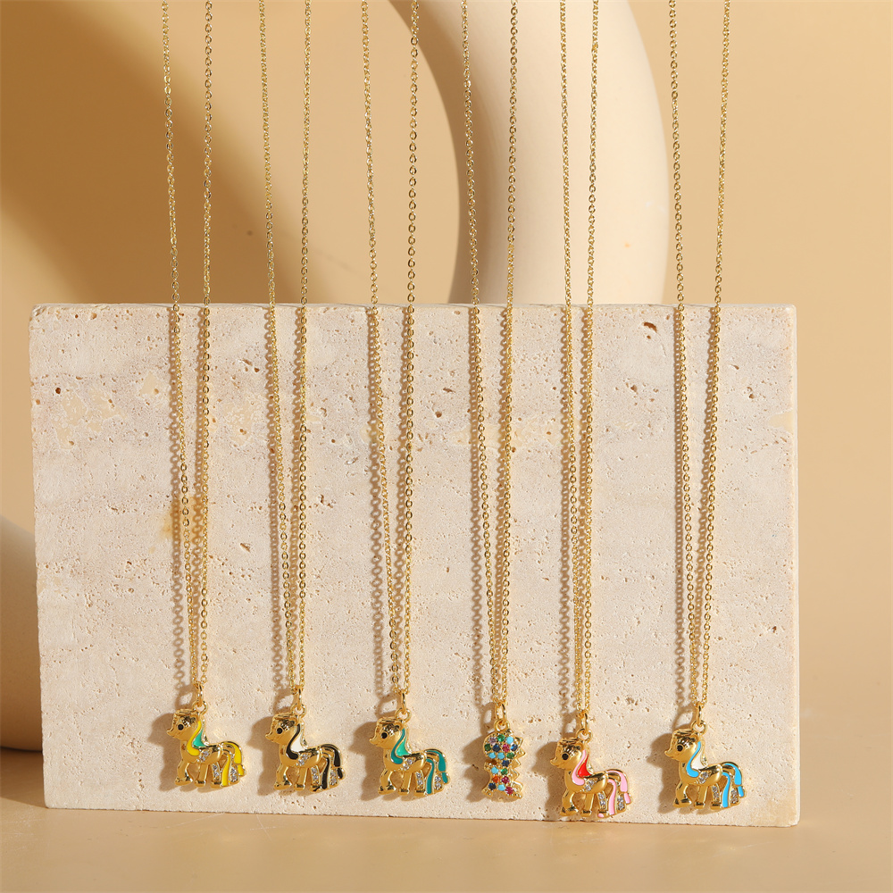 Copper 14K Gold Plated Vintage Style Simple Style Commute Enamel Inlay Dinosaur Horse Zircon Pendant Necklace display picture 8