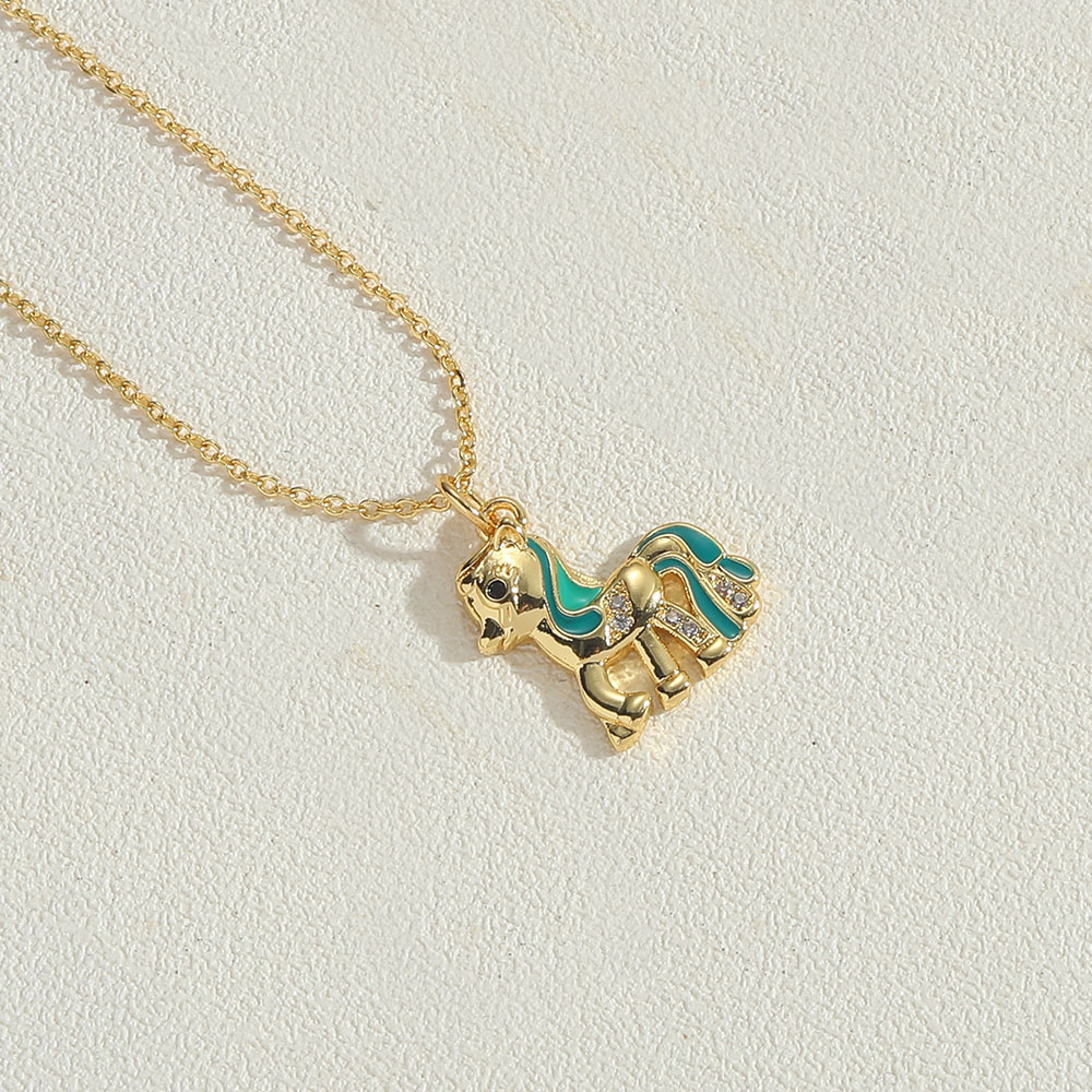 Copper 14K Gold Plated Vintage Style Simple Style Commute Enamel Inlay Dinosaur Horse Zircon Pendant Necklace display picture 11