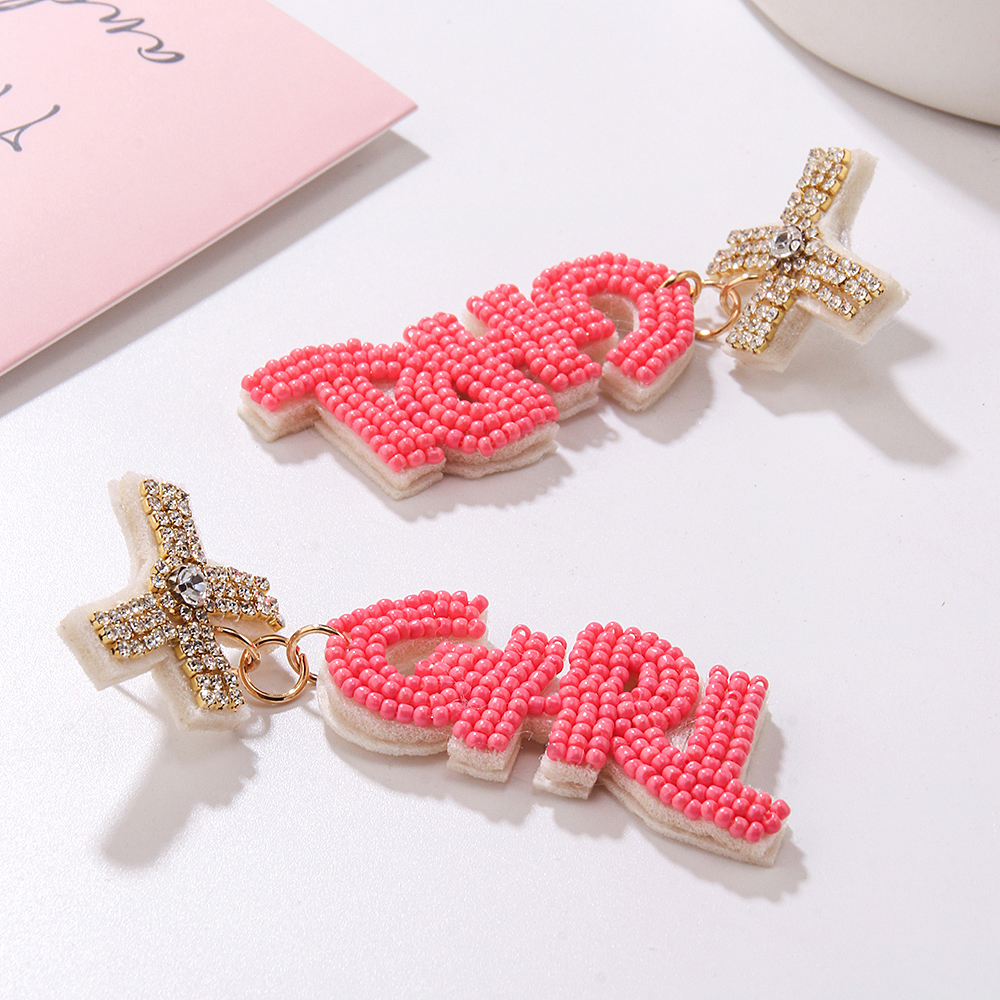 1 Pair Sweet Letter Asymmetrical Stainless Steel Cloth Glass Drop Earrings display picture 4