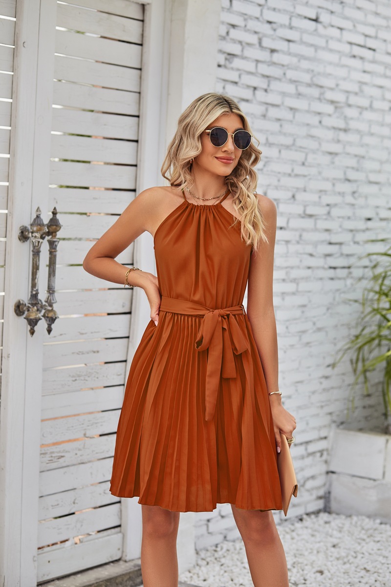 Women's Chiffon Dress Elegant Halter Neck Ruched Sleeveless Solid Color Knee-Length Daily display picture 16
