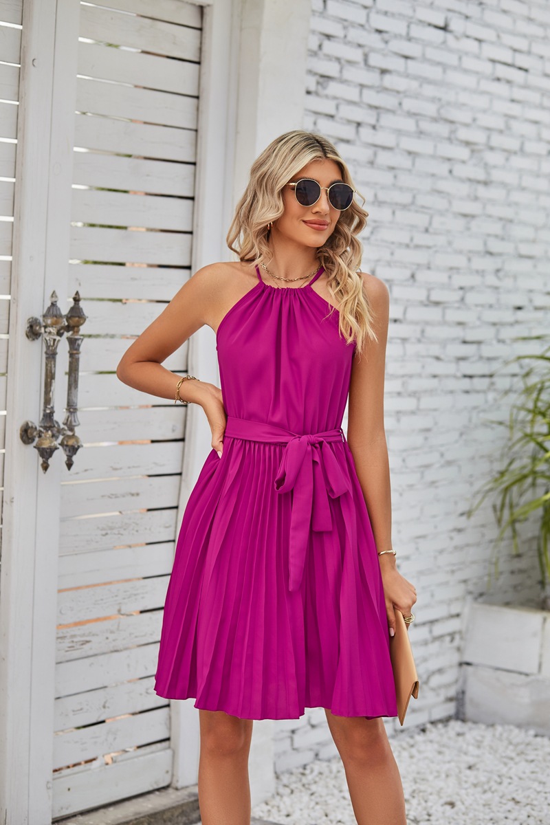 Women's Chiffon Dress Elegant Halter Neck Ruched Sleeveless Solid Color Knee-Length Daily display picture 15