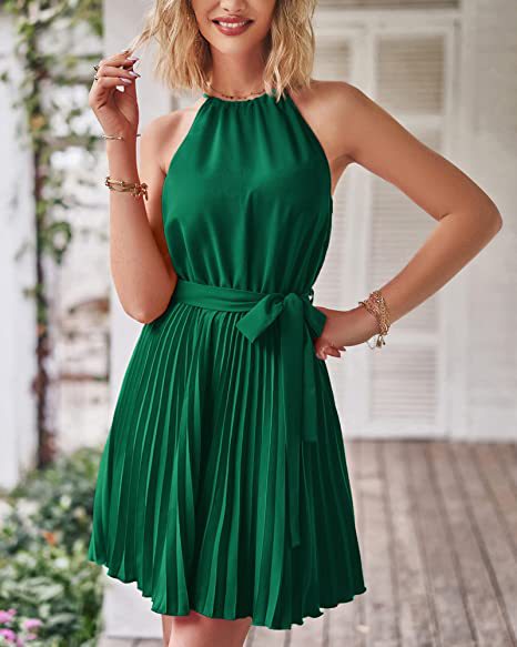 Women's Chiffon Dress Elegant Halter Neck Ruched Sleeveless Solid Color Knee-Length Daily display picture 3