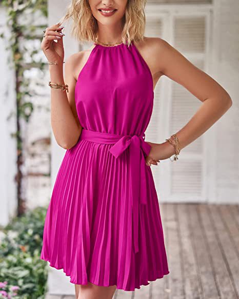 Women's Chiffon Dress Elegant Halter Neck Ruched Sleeveless Solid Color Knee-Length Daily display picture 13